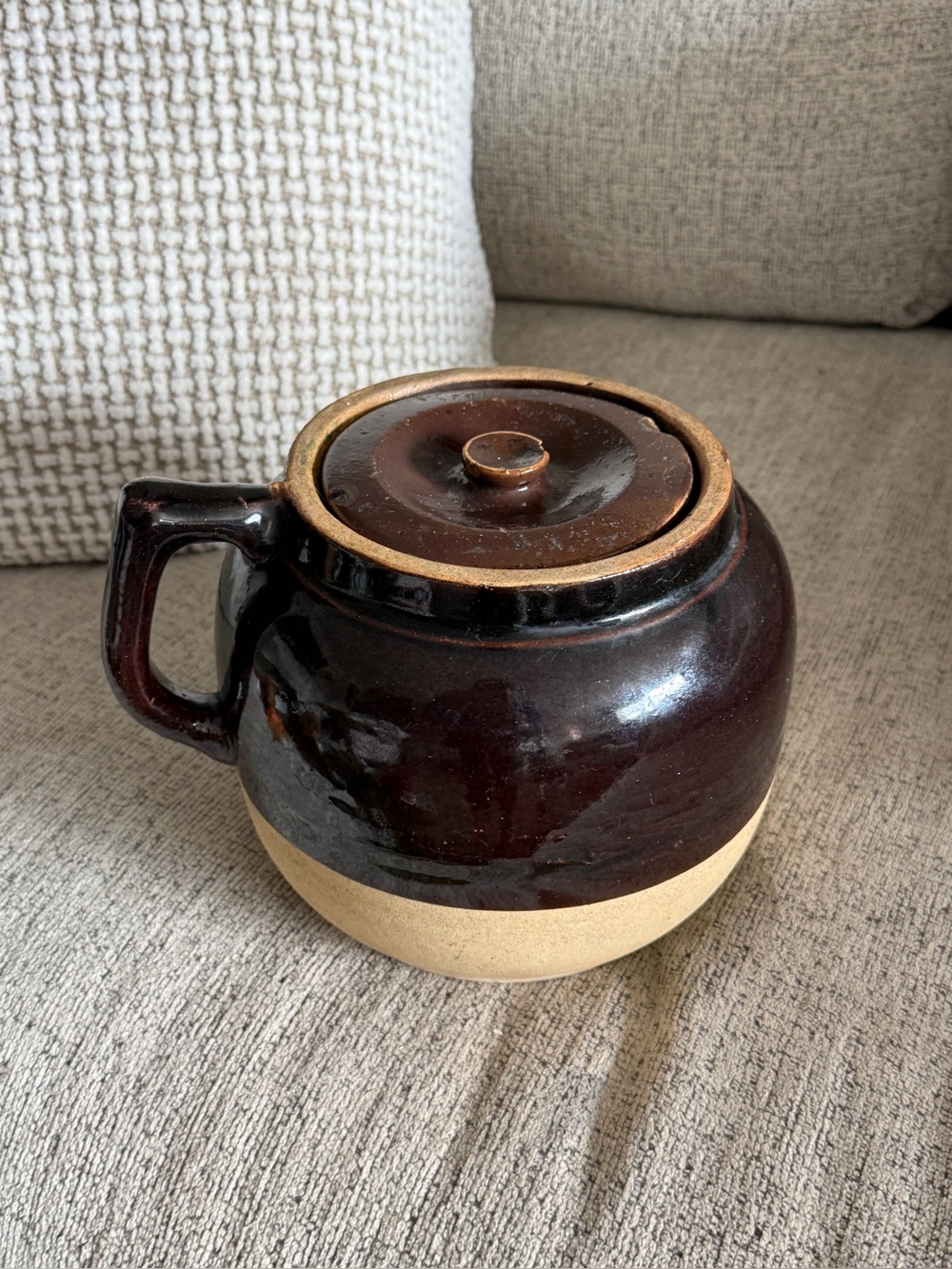 Antique Primitive Brown and Stone Bean Pot